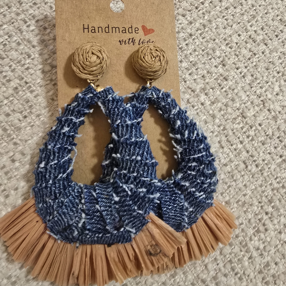 Handmade Blue  Denim and Tan  Earrings